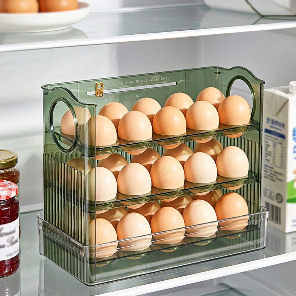 Close-up of the EggStorageBox reversible flip-tray mechanism